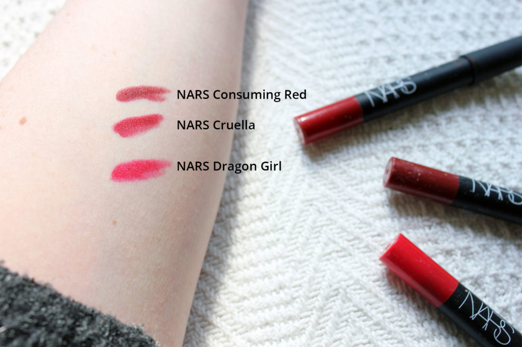 NARS Consuming Red, NARS Cruella and NARS Dragon Girl swatches and comparison
