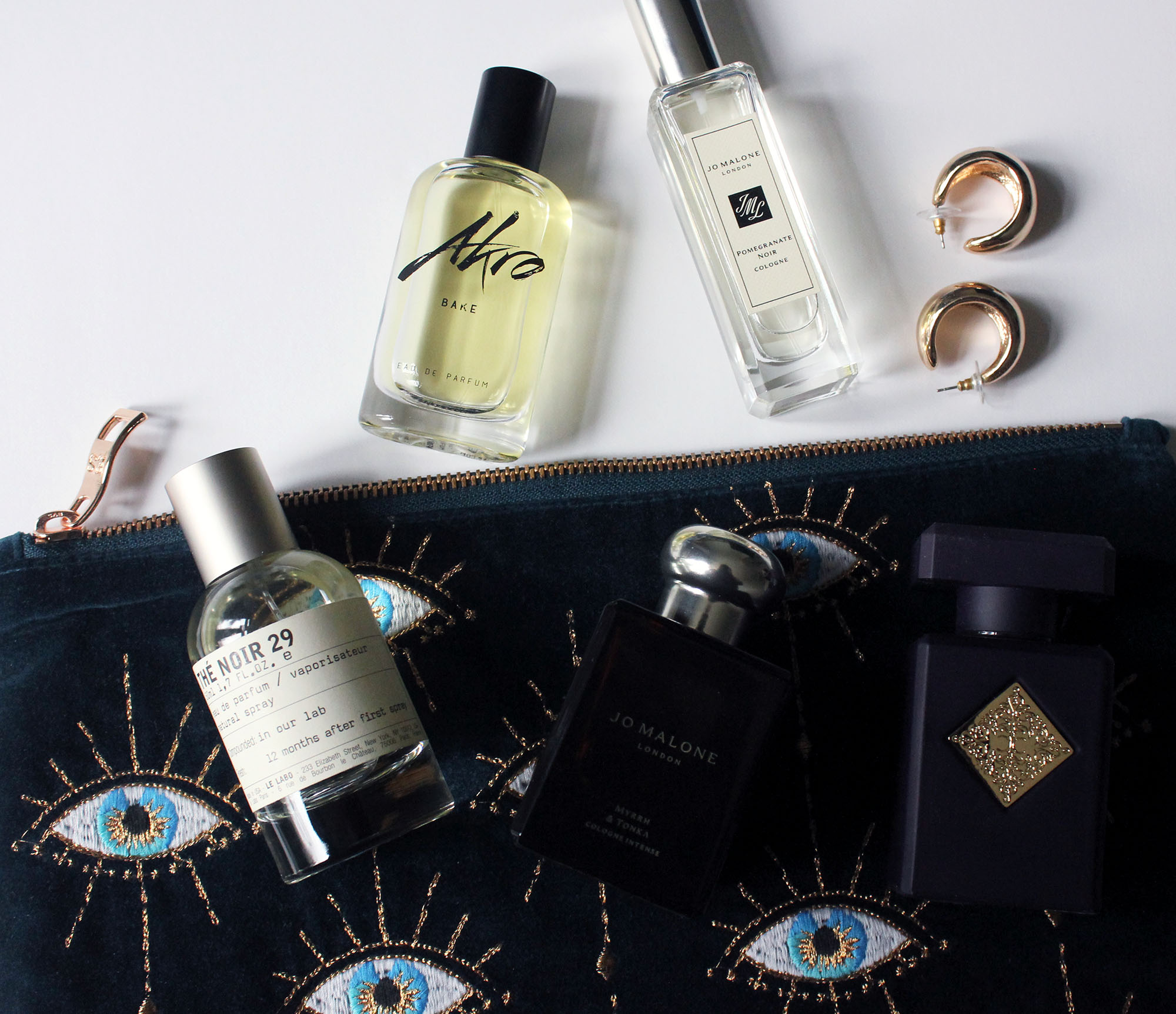 5 winter fragrances akro bake, jo malone pomegranate noir, jo malone myrrh and tonka, le labo the noir, initio atomic rose